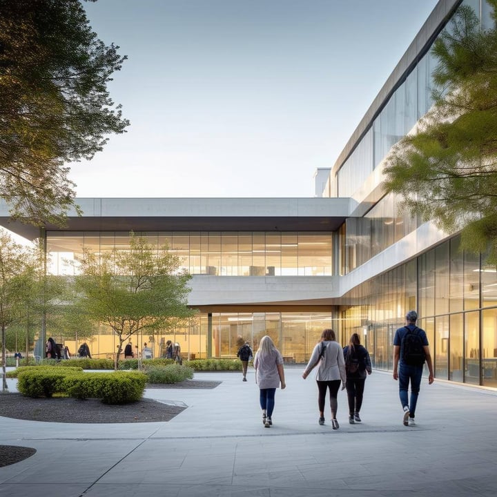 Modern health facility with people walking around